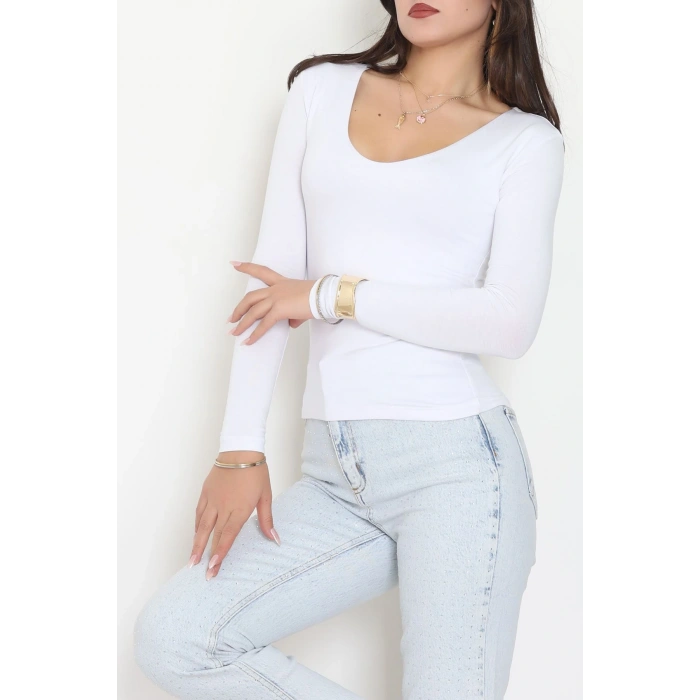 V Yaka Likralı Viskon Uzun Kollu Body Beyaz - 22132.200.