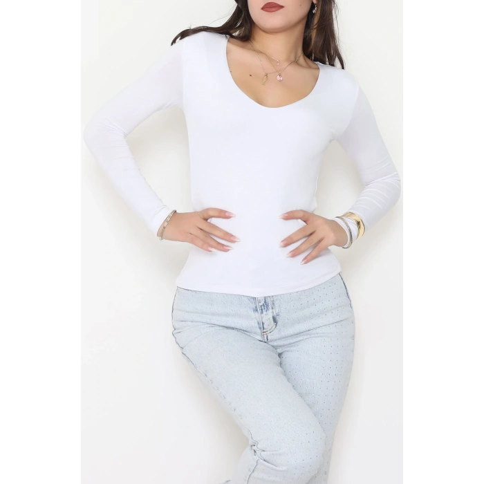 V Yaka Likralı Viskon Uzun Kollu Body Beyaz - 22132.200.