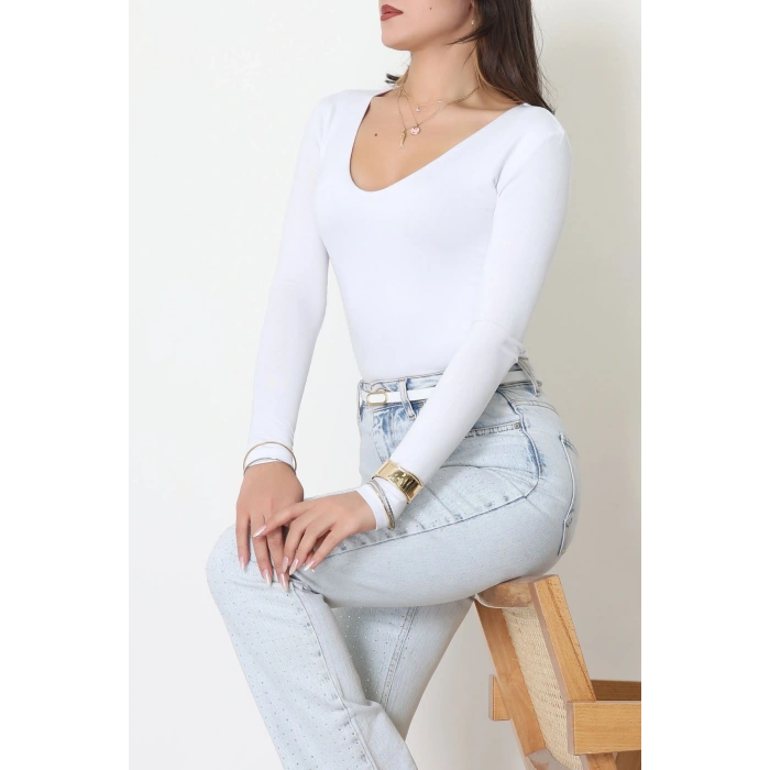 V Yaka Likralı Viskon Uzun Kollu Body Beyaz - 22132.200.