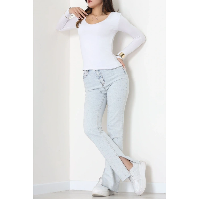 V Yaka Likralı Viskon Uzun Kollu Body Beyaz - 22132.200.