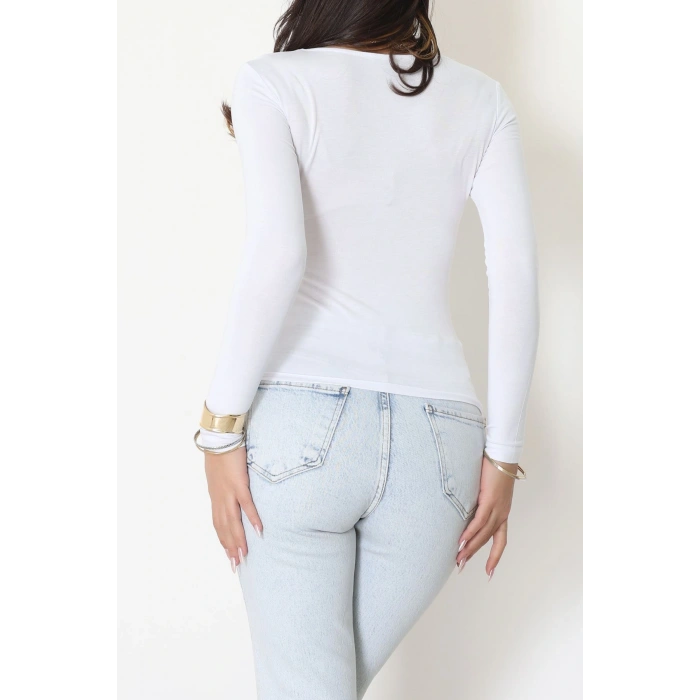 V Yaka Likralı Viskon Uzun Kollu Body Beyaz - 22132.200.