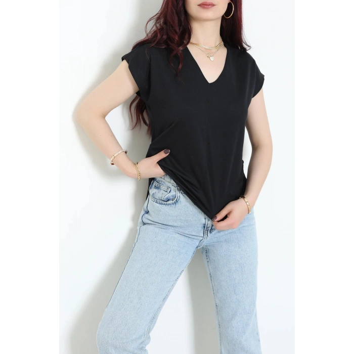 V Yaka Örme Modal Kumaş Bluz Siyah - 71338.1567.