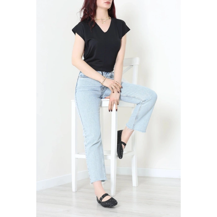 V Yaka Örme Modal Kumaş Bluz Siyah - 71338.1567.