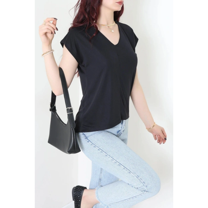 V Yaka Örme Modal Kumaş Bluz Siyah - 71338.1567.