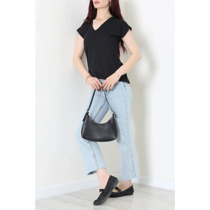 V Yaka Örme Modal Kumaş Bluz Siyah - 71338.1567.