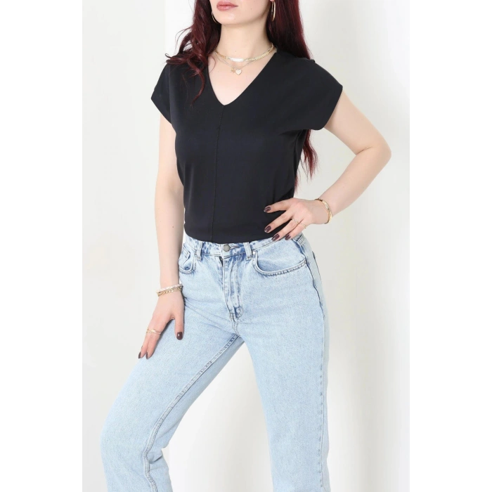 V Yaka Örme Modal Kumaş Bluz Siyah - 71338.1567.