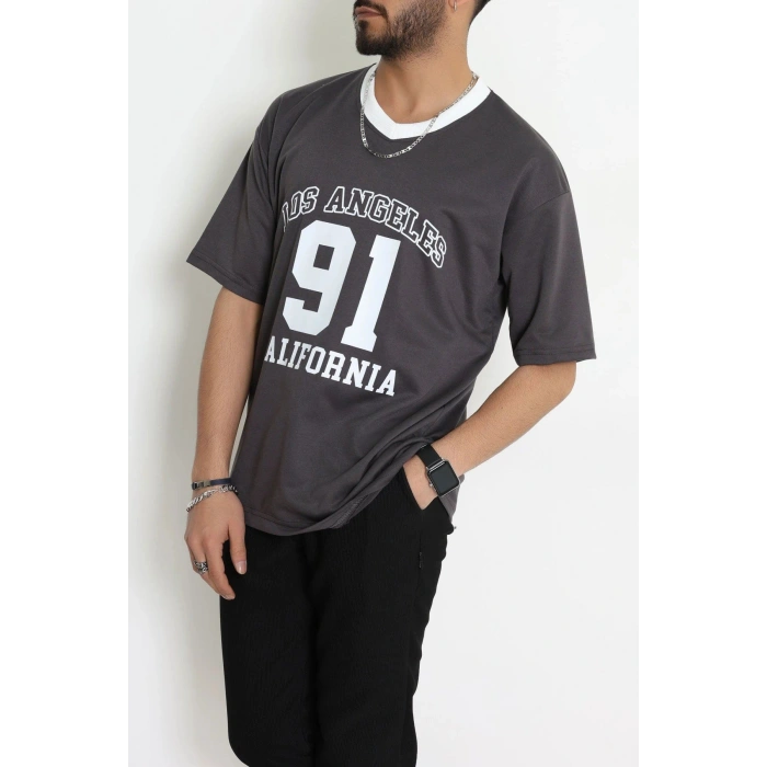 V Yaka Oversize 2 İplik Forma Tişört Antrasit - 88105.1878.