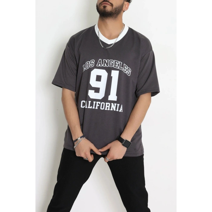 V Yaka Oversize 2 İplik Forma Tişört Antrasit - 88105.1878.