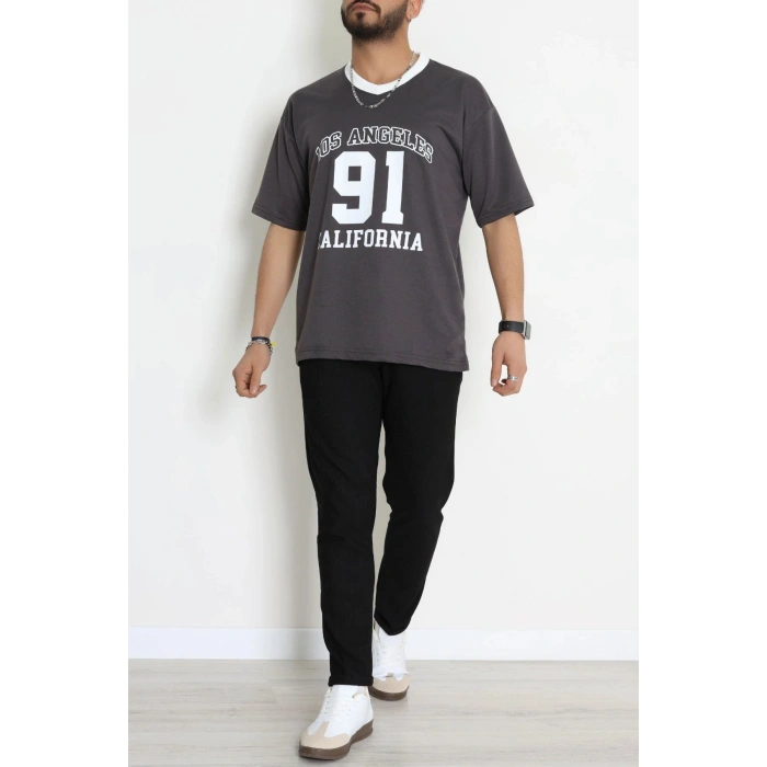 V Yaka Oversize 2 İplik Forma Tişört Antrasit - 88105.1878.