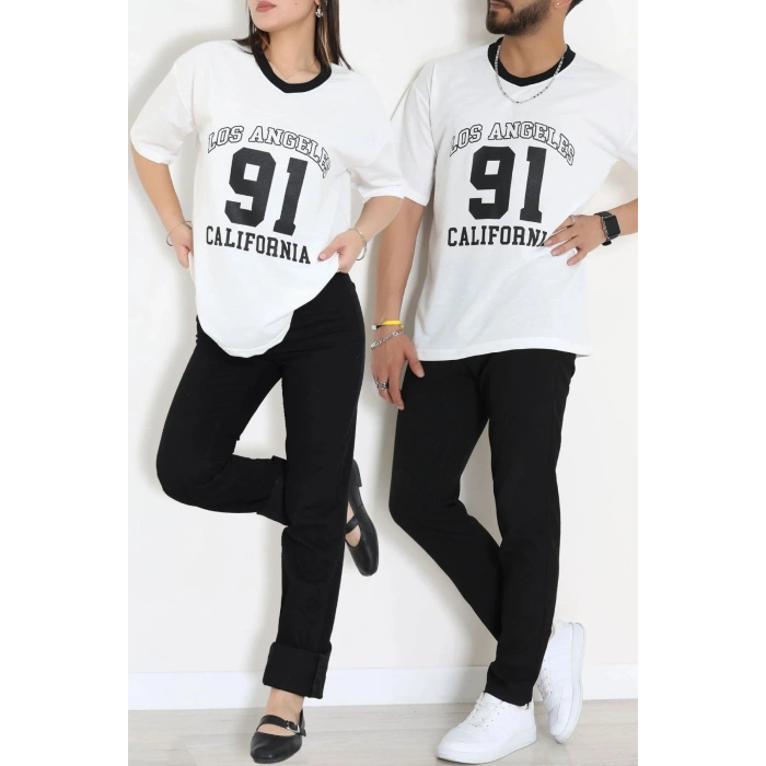 V Yaka Oversize 2 İplik Forma Tişört Beyaz - 88105.1878.