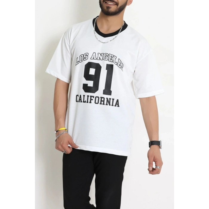 V Yaka Oversize 2 İplik Forma Tişört Beyaz - 88105.1878.