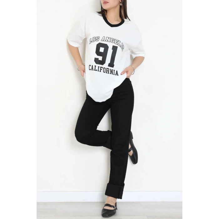 V Yaka Oversize 2 İplik Forma Tişört Beyaz - 88105.1878.