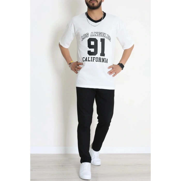 V Yaka Oversize 2 İplik Forma Tişört Beyaz - 88105.1878.