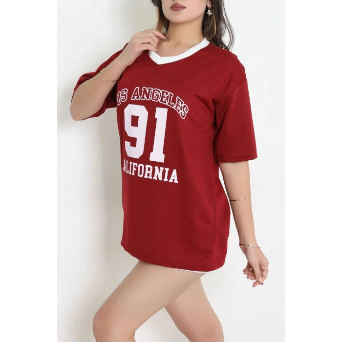 V Yaka Oversize 2 İplik Forma Tişört Bordo - 88105.1878.