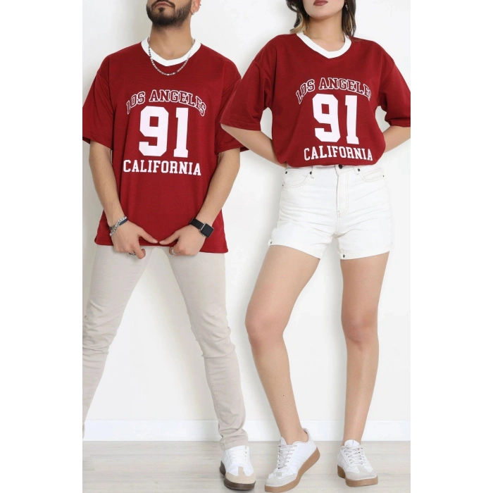 V Yaka Oversize 2 İplik Forma Tişört Bordo - 88105.1878.