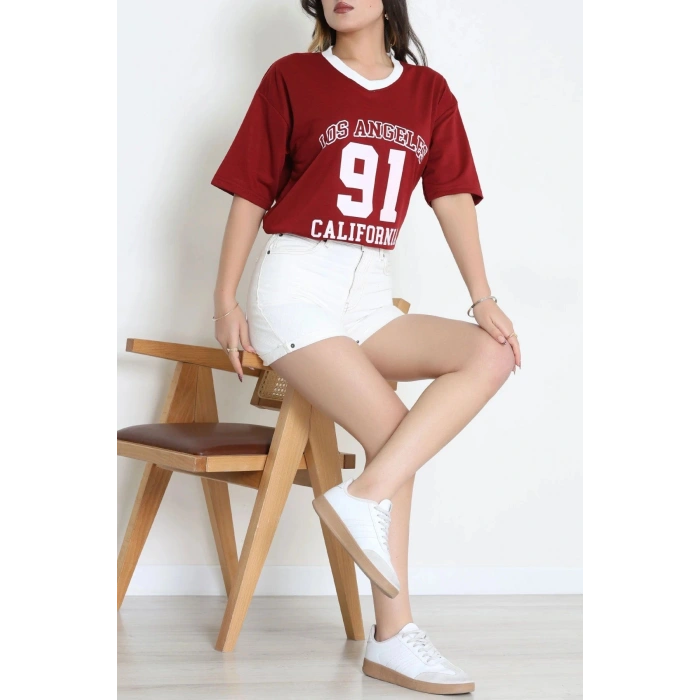 V Yaka Oversize 2 İplik Forma Tişört Bordo - 88105.1878.