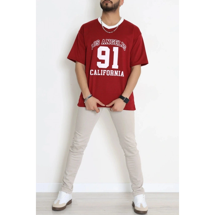V Yaka Oversize 2 İplik Forma Tişört Bordo - 88105.1878.