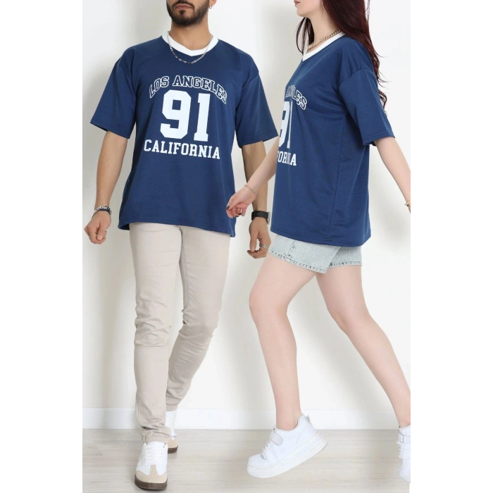 V Yaka Oversize 2 İplik Forma Tişört İndigo - 88105.1878.