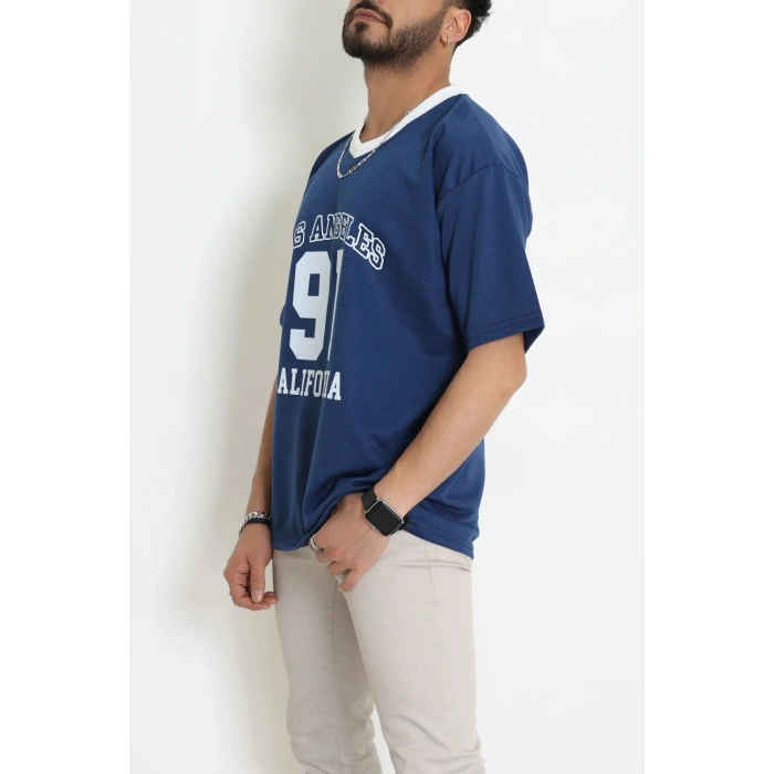 V Yaka Oversize 2 İplik Forma Tişört İndigo - 88105.1878.