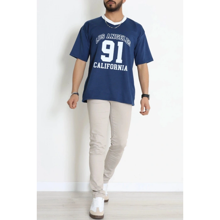 V Yaka Oversize 2 İplik Forma Tişört İndigo - 88105.1878.
