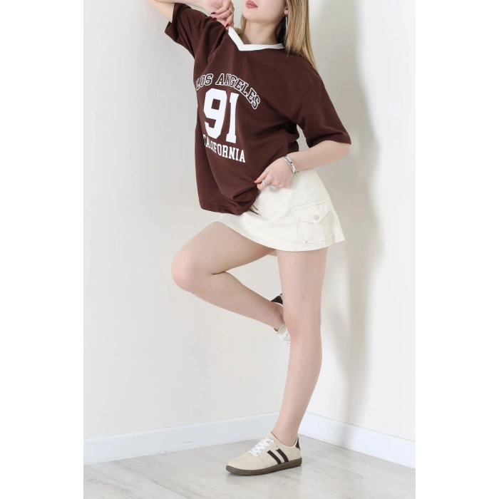 V Yaka Oversize 2 İplik Forma Tişört Kahve - 88105.1878.