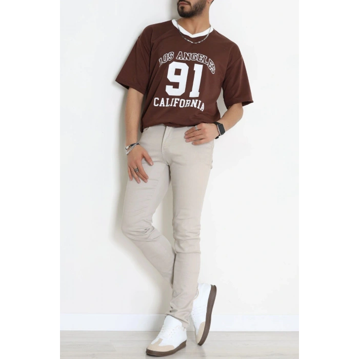V Yaka Oversize 2 İplik Forma Tişört Kahve - 88105.1878.