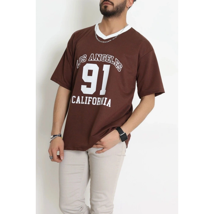 V Yaka Oversize 2 İplik Forma Tişört Kahve - 88105.1878.