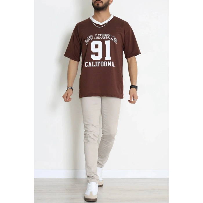 V Yaka Oversize 2 İplik Forma Tişört Kahve - 88105.1878.