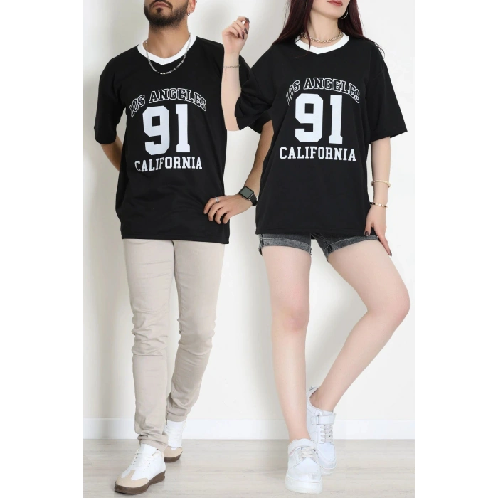 V Yaka Oversize 2 İplik Forma Tişört Siyah - 88105.1878.