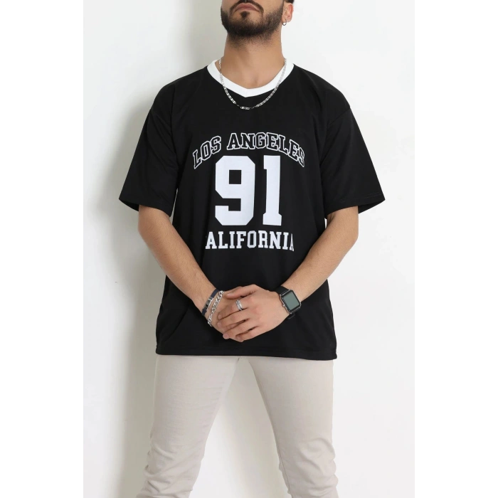 V Yaka Oversize 2 İplik Forma Tişört Siyah - 88105.1878.