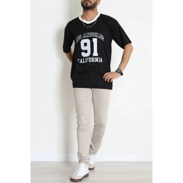 V Yaka Oversize 2 İplik Forma Tişört Siyah - 88105.1878.