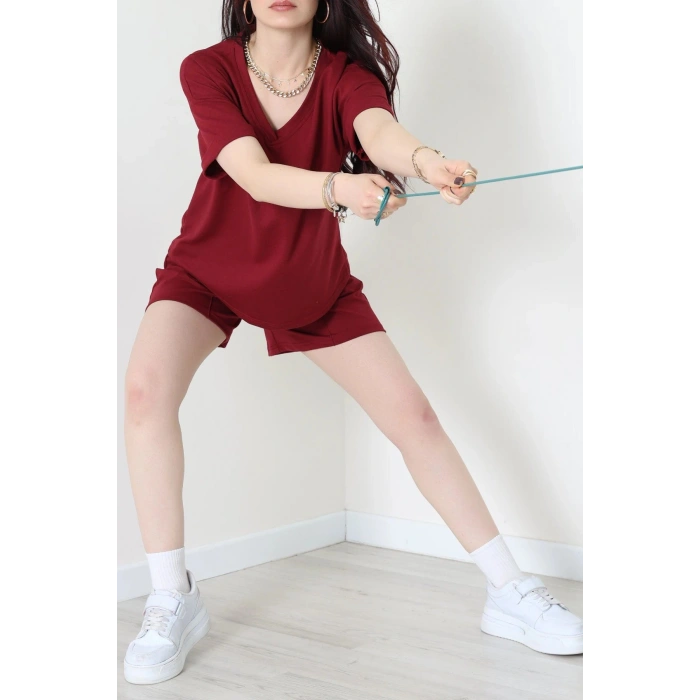 V Yaka Şortlu Takım Bordo - 52212.1567.