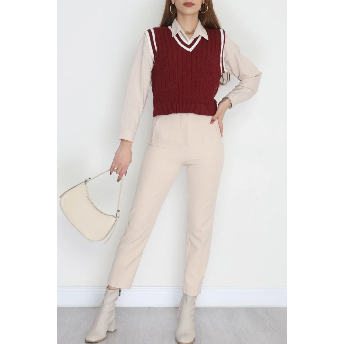 V Yaka Triko Süveter Bordolatte - 493.1577.