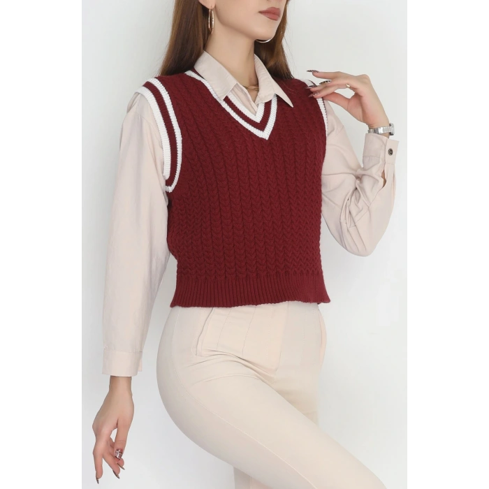 V Yaka Triko Süveter Bordolatte - 493.1577.