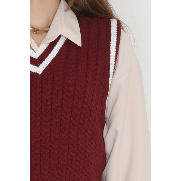 V Yaka Triko Süveter Bordolatte - 493.1577.