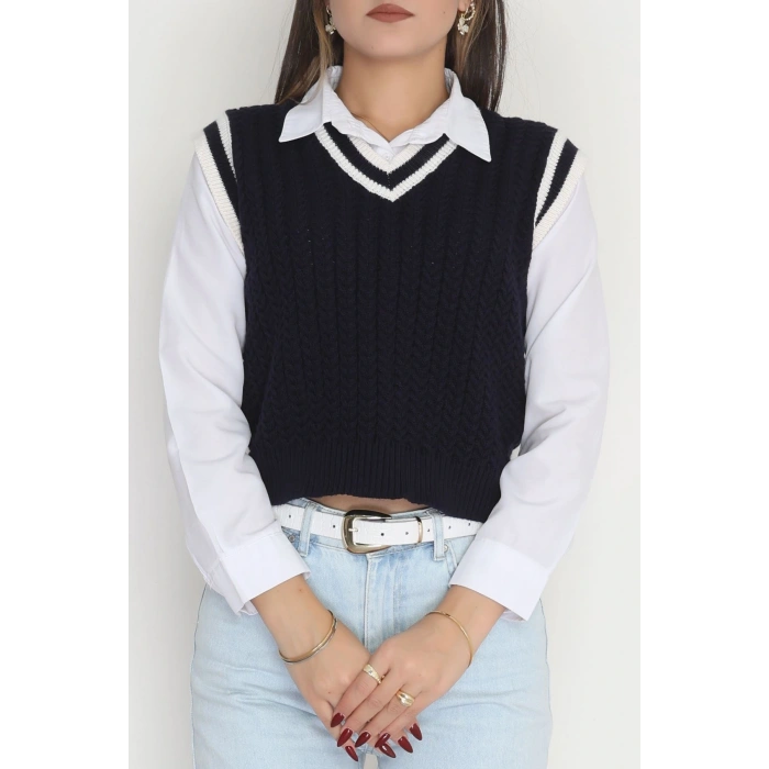 V Yaka Triko Süveter Lacivertlatte - 493.1577.