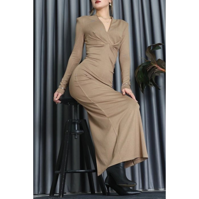 V Yaka Vatkalı Elbise Camel - 111632.444.