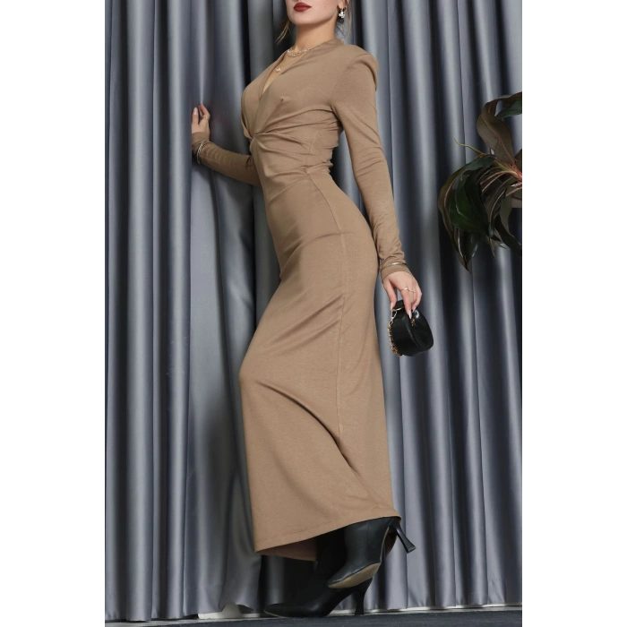 V Yaka Vatkalı Elbise Camel - 111632.444.