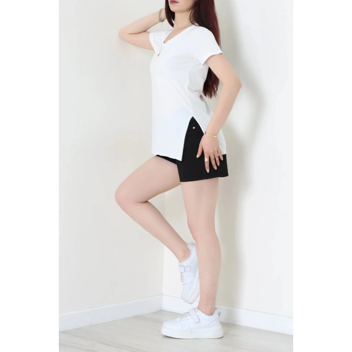 V Yaka Yırtmaçlı İpeksi Apre Penye Tişört Beyaz - 55096.1567.