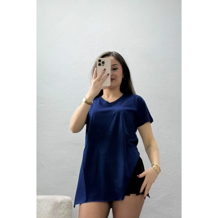 V Yaka Yırtmaçlı İpeksi Apre Penye Tişört Laci - 55096.1567.