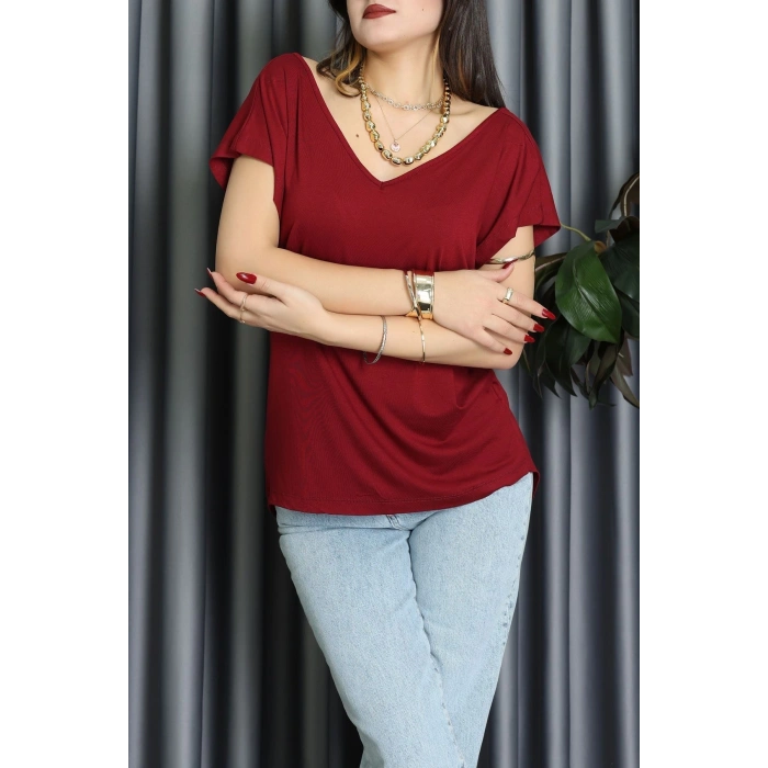 V Yakalı Arkadan Kurdele Detaylı Viskon Bluz Bordo - 87152.1256.