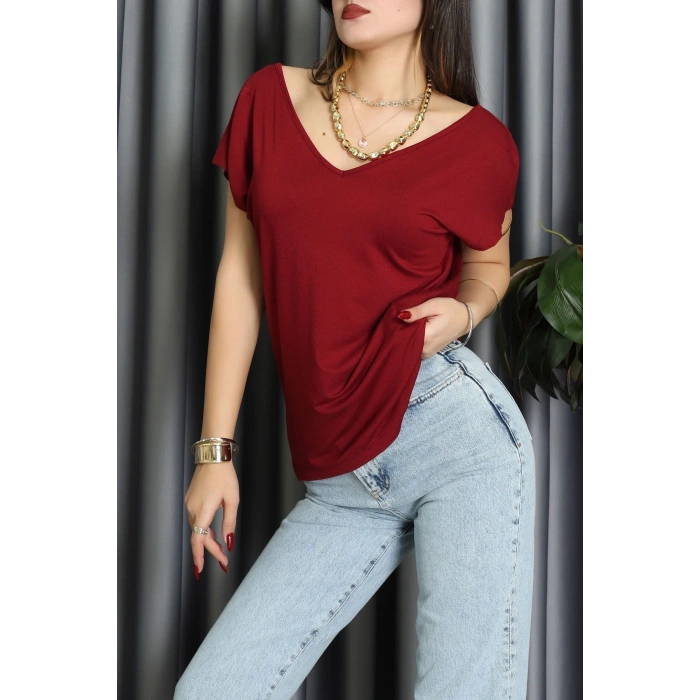 V Yakalı Arkadan Kurdele Detaylı Viskon Bluz Bordo - 87152.1256.