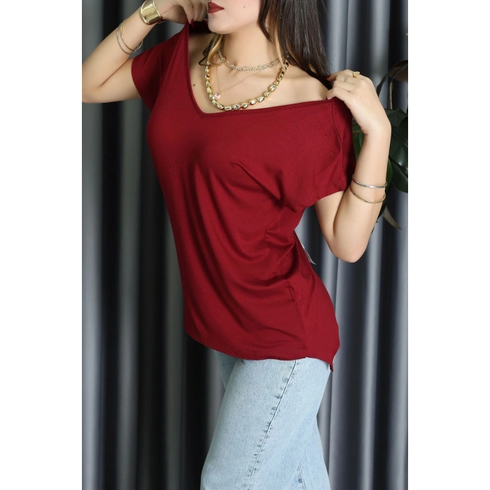 V Yakalı Arkadan Kurdele Detaylı Viskon Bluz Bordo - 87152.1256.