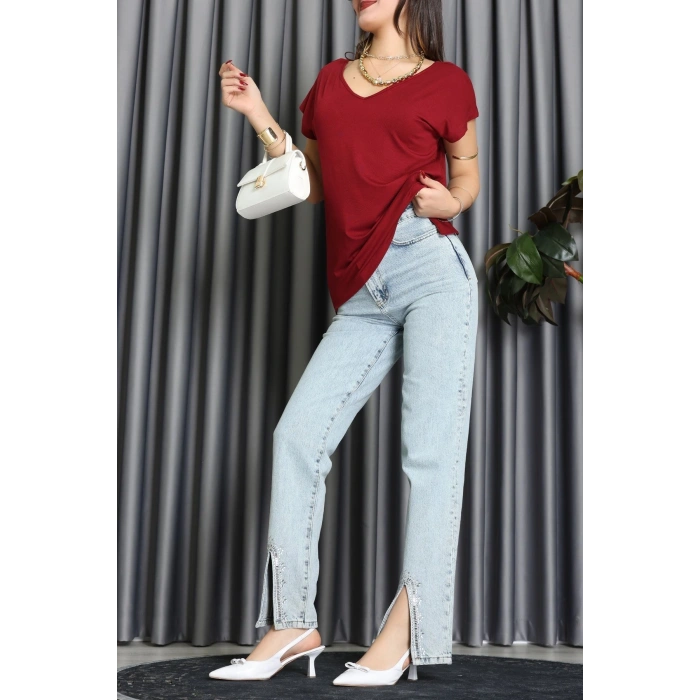 V Yakalı Arkadan Kurdele Detaylı Viskon Bluz Bordo - 87152.1256.