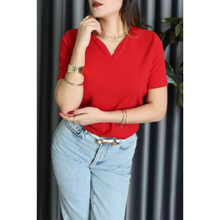 V Yakalı İthal Krep Bluz Kırmızı - 61622.1256.