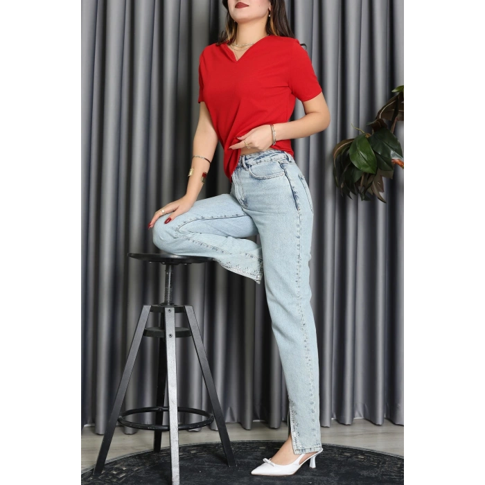 V Yakalı İthal Krep Bluz Kırmızı - 61622.1256.