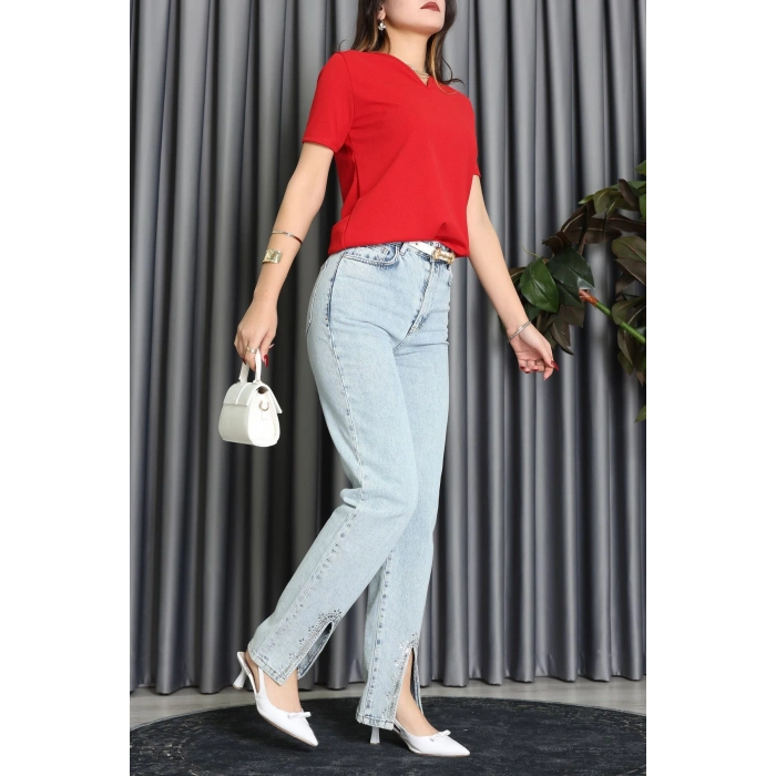 V Yakalı İthal Krep Bluz Kırmızı - 61622.1256.