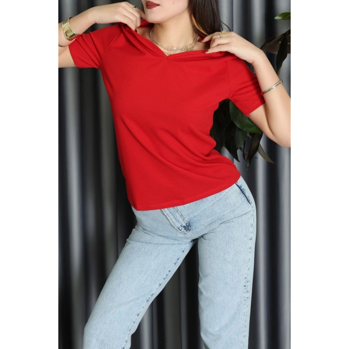 V Yakalı İthal Krep Bluz Kırmızı - 61622.1256.