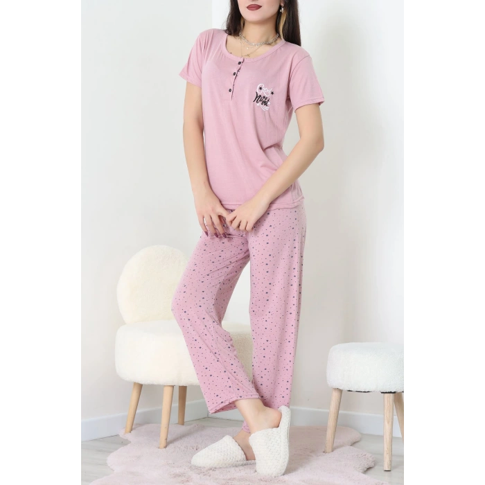 Viskon Kumaş Kısa Kol Pijama Takımı Pembe - 31859.2123.