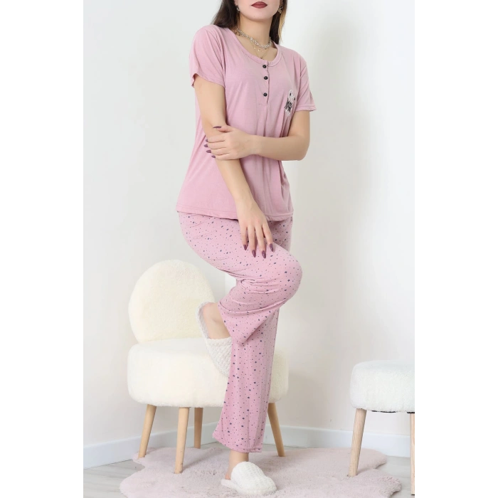 Viskon Kumaş Kısa Kol Pijama Takımı Pembe - 31859.2123.